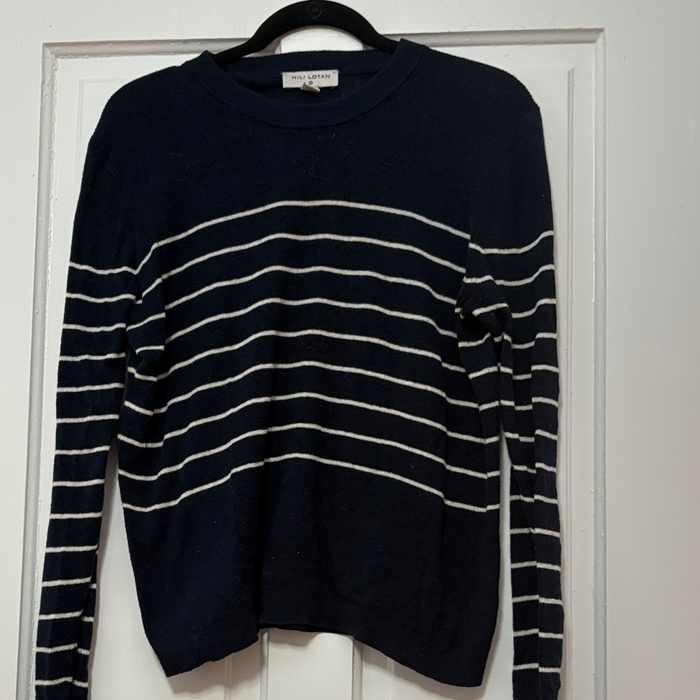 Nili Lotan Navy and Cream Striped Crew Neck Sweater
